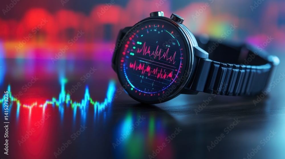 Poster smartwatch displaying data against a blurred background of colorful graphs.
