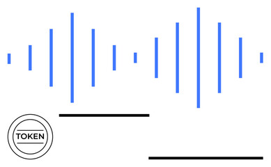 Blue vertical soundwave lines, circular token with text, and black horizontal lines. Ideal for technology, audio content, blockchain, cryptocurrency, branding, interface design simple landing page