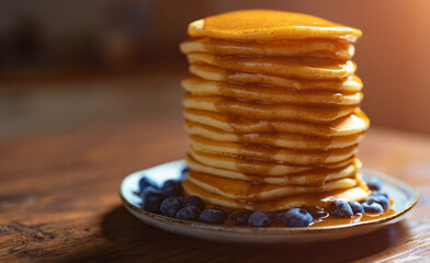 Stack of pancakes with honey sauce and blueberries.