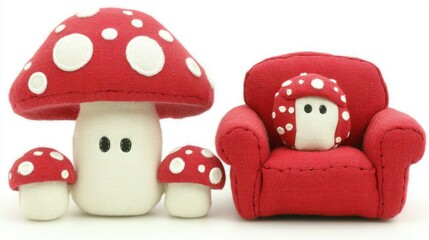 Adorable miniature red mushroom figurines and a small red armchair.  Two mushrooms, one large, one small,  sit beside a tiny armchair, all crafted with a similar style