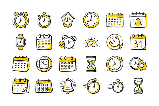 Hand-Drawn Clock & Calendar Icons – Time, Alarm, Date & Reminder Doodles

