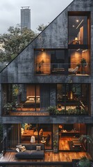 Obraz premium Modern Luxury Triplex Home Architectural Design Concrete Exterior Wooden Interior Balcony
