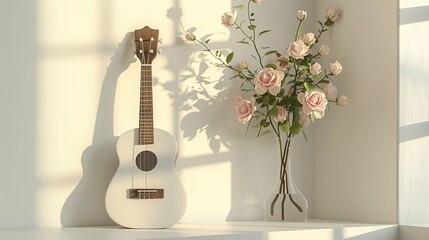 White Ukulele and Pink Roses in a Vase A Peaceful and Serene Home D cor Scene
