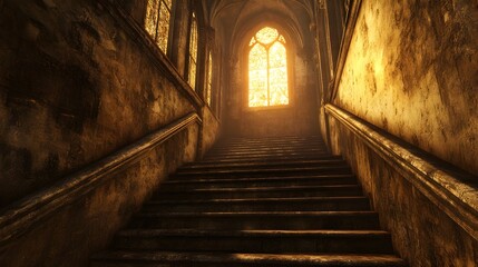 Ancient Stone Staircase Leading to a Sunlit Gothic Window in a Decaying Building