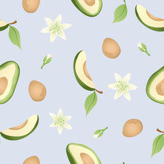 Seamless pattern with hand drawn green  avocado halves. Fresh organic vegetable, healthy, vegan, raw food.