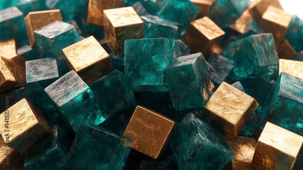 Poster abstract background with teal and gold cubes. close up view of a pile of glittering, translucent blo