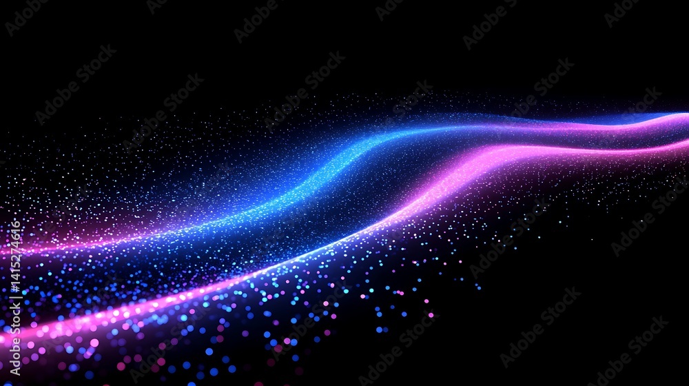 Poster glowing digital wave with particles, abstract digital wave with glowing particles on a black backgro