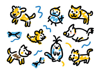 Seamless Animal, Cat, and Dog Doodle Pattern – Hand-Drawn Pet Sketches, Cute Wildlife Illustrations, and Playful Animal Figures for Fun Design