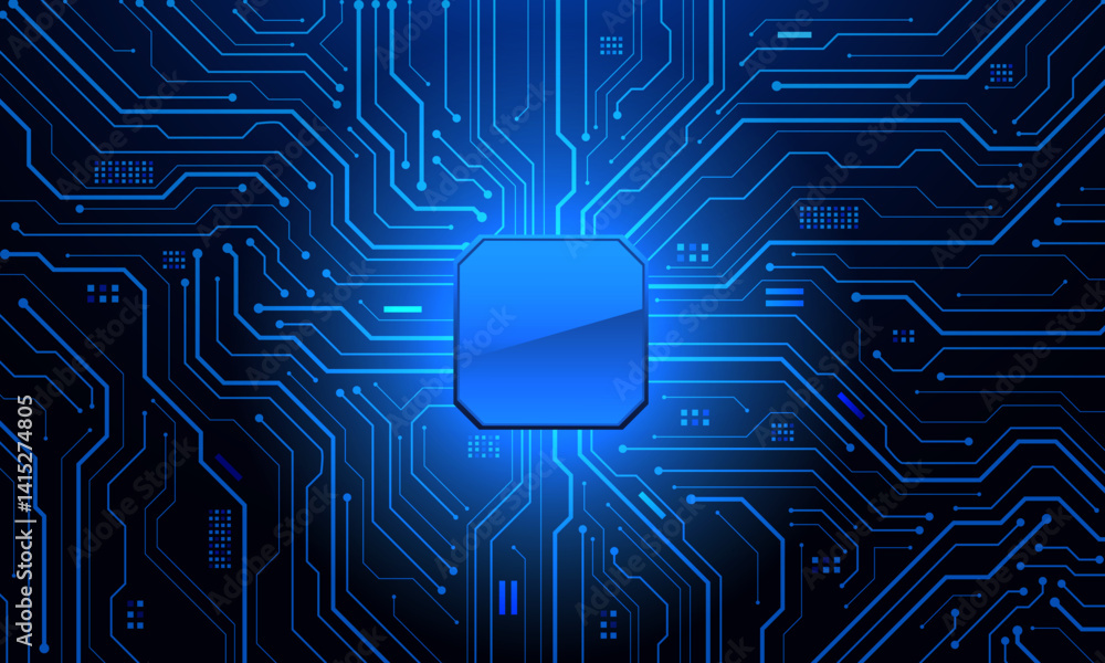 Poster Abstract blue circuit board technology connected lines electronics elements computer motherboard chip processor semiconductor digital background vector