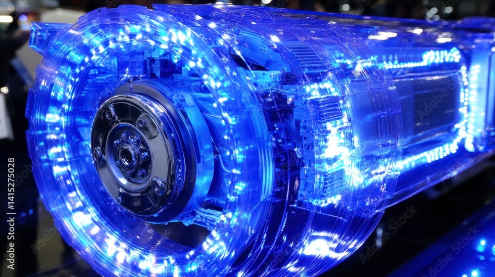 Poster close up view of a transparent blue mechanical device with intricate internal components and glowing