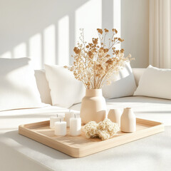 Serene Natural Decor with Dried Flowers and Candles on Wooden Tray