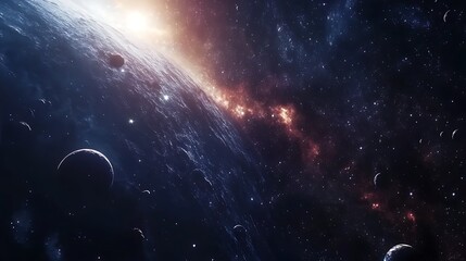 Celestial expanse surrounding a vibrant planet in a chaotic cosmos.