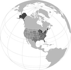 World vector map with U.S. administrative boundaries and graticules (United States–centered and highlighted view, orthographic projection, PPT-compatible & fully editable)