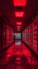 Red lit Supermarket Aisle with Refrigerated Shelves Full of Products A Nighttime View of Grocery Store Interior