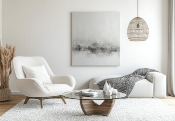 modern living room interior, simple living room, luxurious all white, armchair, sleeper sofa, abstract painting, messy fabric on sofa
