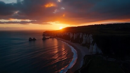Fototapeta premium Dramatic sunset over dramatic cliffs and coastal waters.