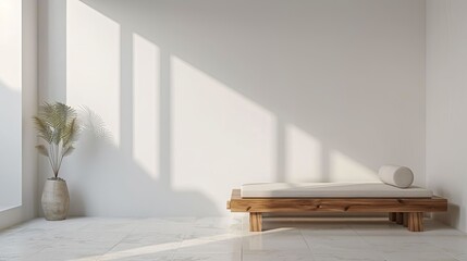 Minimalist Modern Interior Design Sunlit Room with Wooden Daybed and Plant