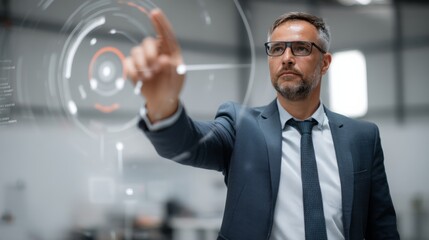 Fototapeta premium In a contemporary office, a businessman interacts with a glowing holographic display using a VR headset, showcasing advanced metaverse technology and AI innovations