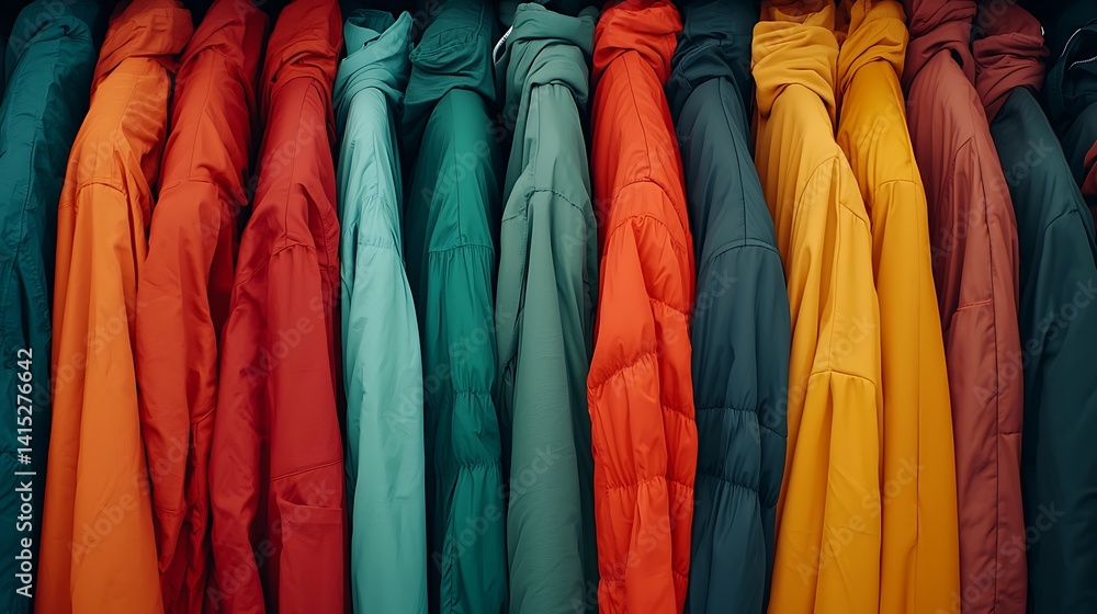 Aufkleber a vibrant array of colorful jackets displayed in a row, showcasing a variety of hues from reds to ye