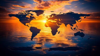 World map silhouette at sunset over ocean, fiery colors, peaceful atmosphere.