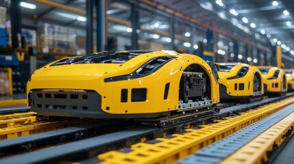 Yellow car bodies on assembly line in modern factory.