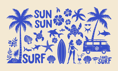 Vector illustration featuring a collection of tropical and beach-themed icons, easily editable.
