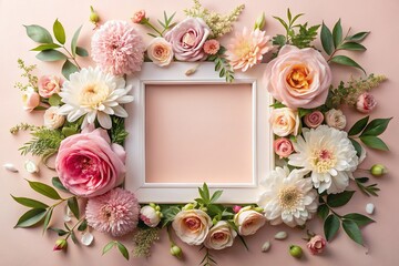 A delicate embrace of pastel roses and daisies surrounding a blank white frame, whispering sweet memories and gentle hopes on a soft blush background.