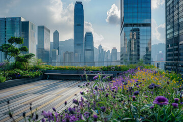 Fototapeta premium A garden with flowers on top of rooftop of the modern building. Urban agriculture on the rooftop of the building