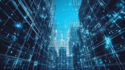 Modern digital cityscape with futuristic architecture and bright technology elements during the day