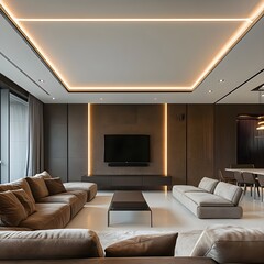 Modern Brown Living Room Interior Design with Recessed Lighting and Stylish Furniture