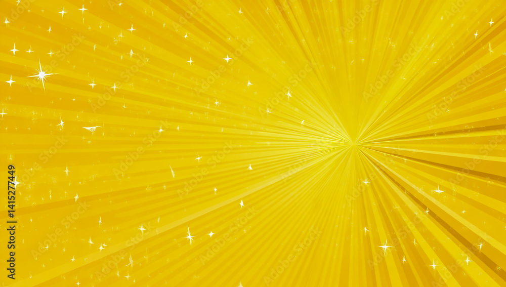 Poster radiant yellow gradient background with light rays and sparkling stars in a cute flat vector style
