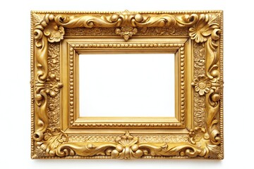 A regal gold frame, ornate and detailed, awaits a masterpiece, its rich gilded finish gleaming against a pure white backdrop.