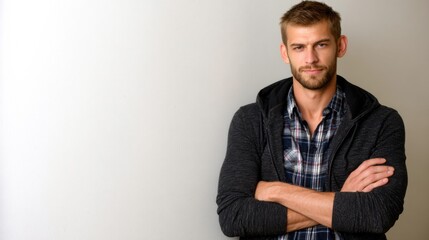 A young man in a gray hoodie poses confidently against a minimalist white background, showcasing an urban fashion vibe with soft lighting and casual attire
