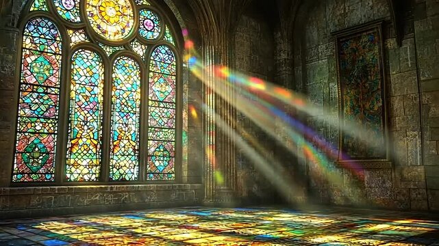 Sunlight Streaming Through Stained Glass Illuminating the Mystical Chamber