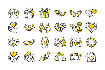 Hand-Drawn Community & Compassion Icons – Doodle Style People, Heart & Support Set


