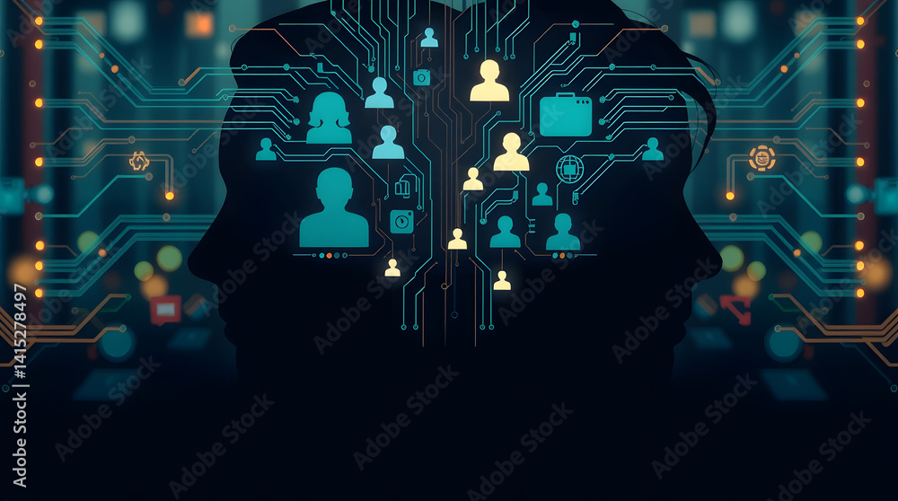 Poster digital connection two silhouettes intertwined with circuitry and network icons