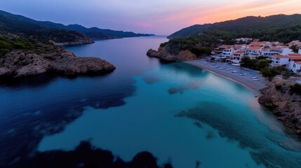 Fototapeta premium Coastal paradise at sunrise. Tranquil bay, turquoise waters, rocky shores, and hillside homes