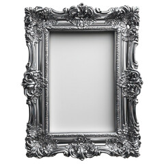 Ornate silver picture frame baroque style vintage photo frame template on transparent background