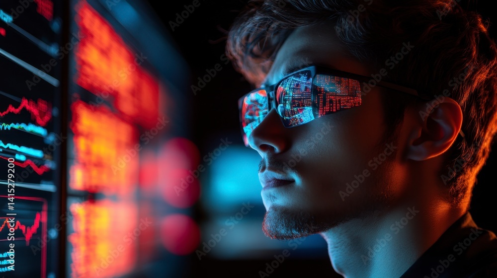 Aufkleber focused young man wearing glasses examines a large screen displaying dynamic red and orange data gra