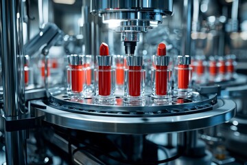 The production conveyor is lined with crimson lipsticks that have sleek black casings, arranged in a neat and orderly manner, highlighting the beauty industry's focus on precision and detail, perfect