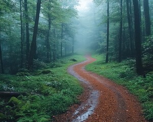 Fototapeta premium Serene winding path through a misty forest with lush greenery and tranquility