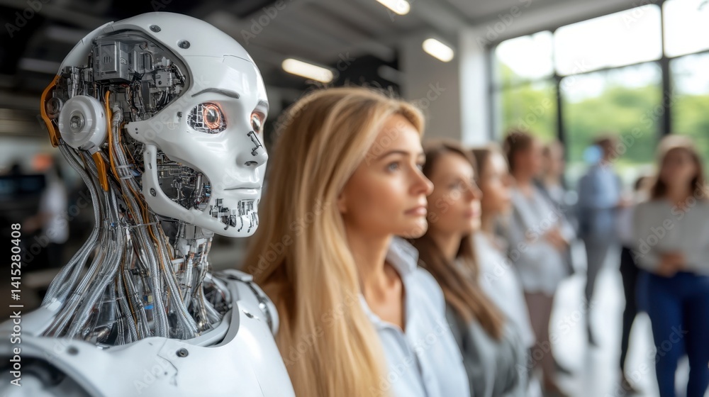 Poster woman and colleagues observe a sophisticated humanoid robot in a modern setting.