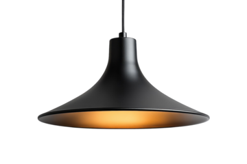 Elegant black pendant lamp with warm inner glow illuminating modern space stylish design hanging light fixture studio shot on black on transparent background