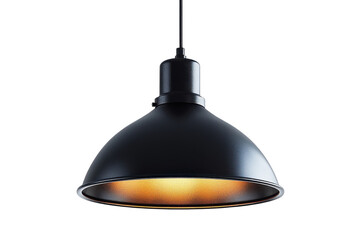 Elegant black pendant lamp illuminating with warm golden light against a stark black backdrop showcasing a sleek industrial design on transparent background