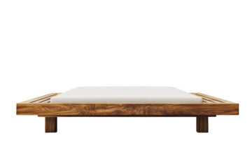Modern minimalist wooden platform bed with a plush white mattress sleek design clean lines and a solid wood frame against a black on transparent background
