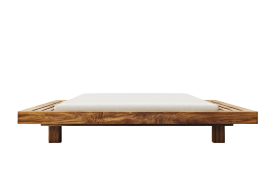 Modern minimalist wooden platform bed with a plush white mattress sleek design clean lines and a solid wood frame against a black on transparent background