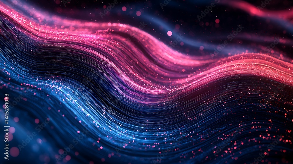 Aufkleber glowing digital wave with particles, abstract digital wave with glowing particles on a black backgro