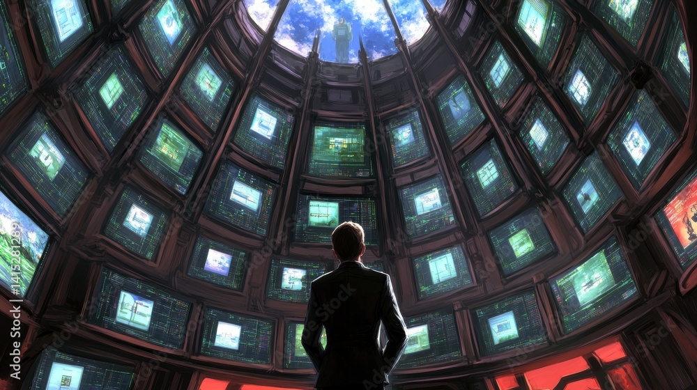 Poster person in suit stands in a large circular room filled with numerous screens displaying various image