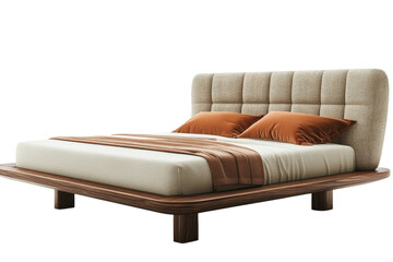 Obraz premium Elegant modern platform bed with a textured upholstered headboard soft neutral bedding and rich warm brown wooden frame against a black on transparent background