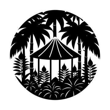 recommend clip art: Tropical paradise garden gazebo palm trees vector art silhouette